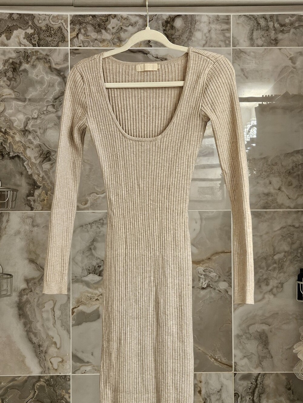 Meshki Ribbed Scoop-Neck Long Sleeve Dress in Light Beige